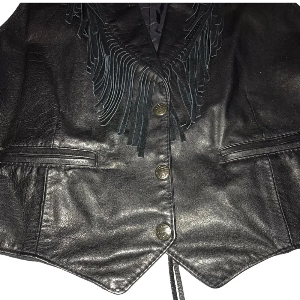 Vintage Leather Western Style Fringed Vest Unisex USA Made Corset Cabochan Lge